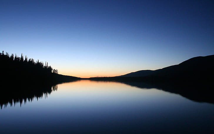 zachód słońca, jezioro, spokój, krajobraz, błękit, Tapety HD
