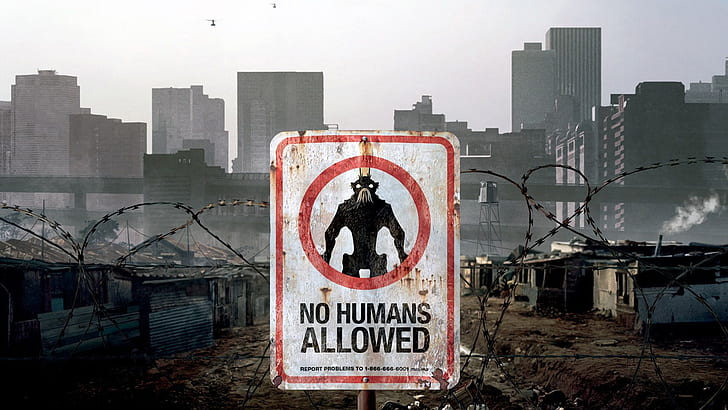 city, alien, sign, movie, skyscrapers, helicopters, No Humans Allowed, District 9, HD wallpaper