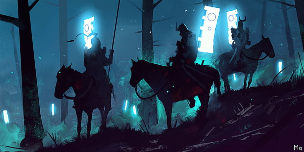 drei mann auf pferd illustrationen, kunstwerk, digitale kunst, dominik mayer, pferd, banner, soldat, ritter, samurai, wald, neon, cyan, dunkel, HD-Hintergrundbild HD wallpaper