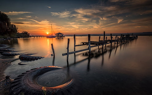Sunset Lake Calm ท่าเรือที่ถูกทิ้งร้างท่าเรือตกปลาเสาไม้หอคอยท้องฟ้าสีแดงเมฆวอลเปเปอร์สะท้อนสำหรับโทรศัพท์มือถือเดสก์ท็อปและแล็ปท็อป 3840 × 2400, วอลล์เปเปอร์ HD HD wallpaper