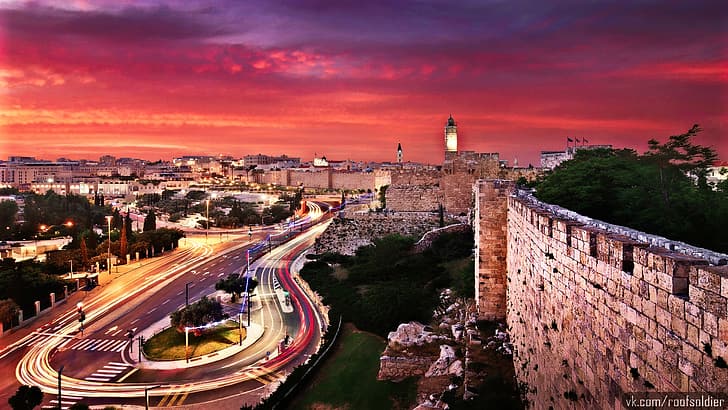 HDR, Time-lapse, light trails, sunset, photography, lights, wall, Jerusalem, HD wallpaper
