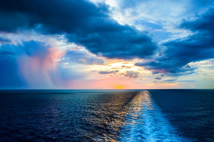 Ocean, Atlantic, Ocean, Atlantic, water, waves, horizon, Sunset, clouds, sky, Nature, HD wallpaper