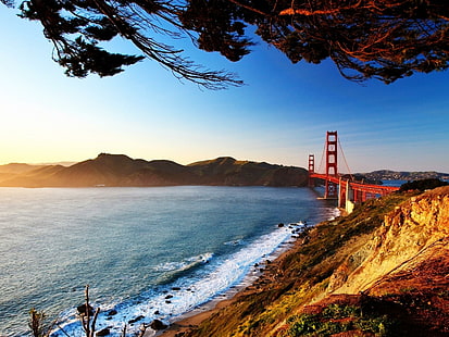 Vattenlandskap Natur Solbroar Golden Gate Bridge San Francisco Desktop bakgrundsbilder, stränder, bakgrund, bro, broar, skrivbord, francisco, gate, gyllene, bilder, landskap, natur, vatten, HD tapet HD wallpaper