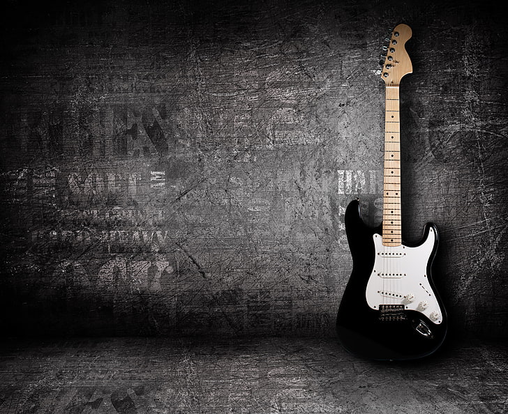 chitarra stratocaster in bianco e nero, musica, chitarra, strumento, Sfondo HD