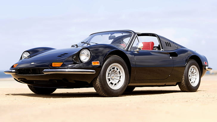 Ferrari, Dino 246 GTS, Black Car, Car, Convertible, Grand Tourer, Old Car, Sport Car, HD wallpaper