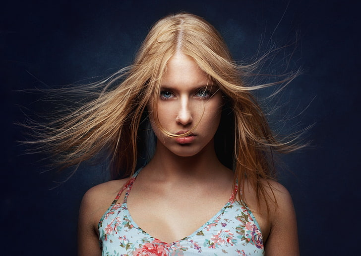 women, blonde, face, portrait, simple background, Zachar Rise, blue eyes, HD wallpaper