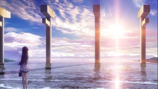 scène numérique anime fond d'écran, Nagi no Asukara, Manaka Mukaido, soleil, mer, pont, sable, filles de l'anime, Fond d'écran HD HD wallpaper