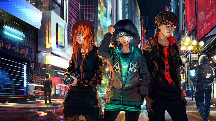zwei Jungen und ein Mädchen Anime Charaktere digitale Tapete, futuristisch, Fisheye Placebo, Anime Jungen, Anime Mädchen, Kunstwerk, HD-Hintergrundbild