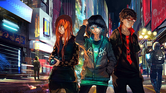 two boys and one girl anime characters digital wallpaper, futuristic, Fisheye Placebo, anime boys, anime girls, artwork, HD wallpaper HD wallpaper