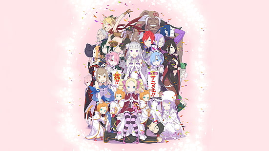 ilustrasi wanita berambut abu-abu, Re: Zero Kara Hajimeru Isekai Seikatsu, Felt, anime girls, Puck (Re: Zero), Beatrice (Re: Zero), Emilia (Re: Zero), Rem (Re: Zero), Ram (Re:Nol), Natsuki Subaru, Wallpaper HD HD wallpaper