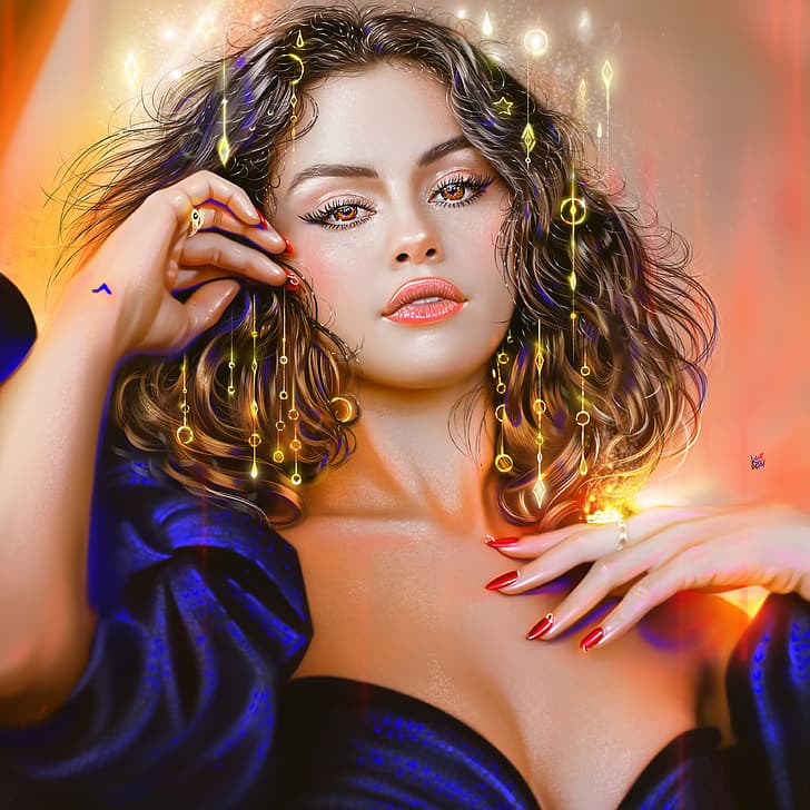 Yaşar Vurdem, women, singer, music, celebrity, portrait, digital art, young woman, blue dress, digital painting, shiny hair, touching face, blue clothes, artwork, juicy lips, pink lipstick, makeup, touching hair, hand on chest, cleavage, blue clothing, fan art, brunette, colorful, multi-colored hair, red nails, lip gloss, multicolored hair, face, ArtStation, Selena Gomez, HD wallpaper