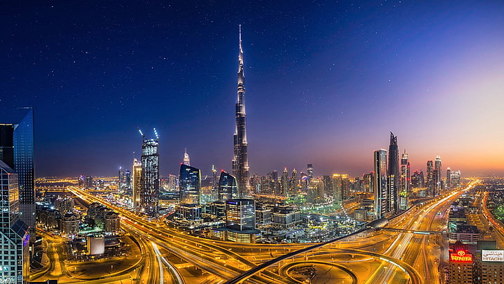 Vista aérea de la ciudad durante la noche, Ciudades, Dubai, Burj Khalifa, Ciudad, Resplandor, Megapolis, Noche, Emiratos Árabes Unidos, Fondo de pantalla HD