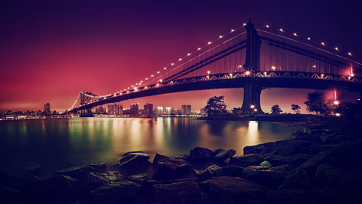 черен мост, Ню Йорк, градски пейзаж, САЩ, хоризонт, нощ, HD тапет