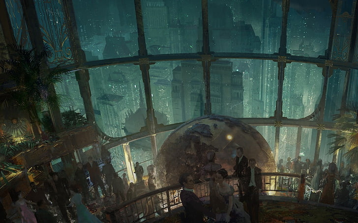 group of people inside hall painting, Rapture, BioShock, video games, artwork, HD wallpaper