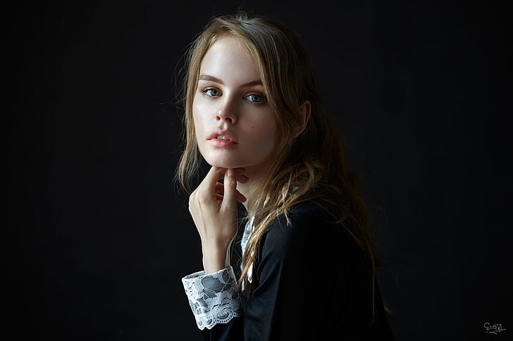 Anastasia Scheglova, blonde, model, women, simple background, long hair, portrait, HD wallpaper