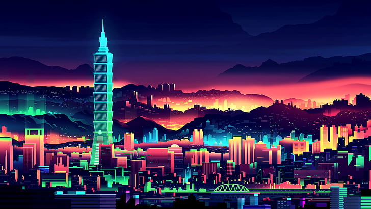 Vector, The city, View, Style, Building, The building, Background, Landscape, Architecture, Art, Neon, Skyscraper, Illustration, Synth, Retrowave, Synthwave, New Retro Wave, Futuresynth, Sintav, Retrouve, Outrun, Romain Trystram, by Romain Trystram, HD wallpaper