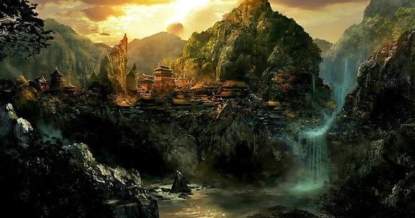 Fantasie, Landschaft, Asiatisch, Burg, Stadt, Orientalisch, HD-Hintergrundbild HD wallpaper