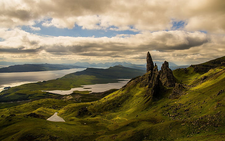 lago, Skye, Regno Unito, Scozia, colline, nuvole, paesaggio, natura, Sfondo HD