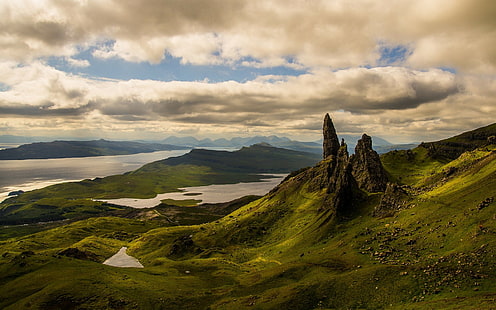 езеро, Скай, Великобритания, Шотландия, хълмове, облаци, пейзаж, природа, HD тапет HD wallpaper