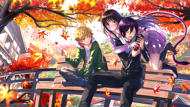 обои с двумя мужскими и женскими персонажами аниме, двое мужчин сидят на скамейке и девушка с фиолетовым платьем аниме-персонажей, аниме, аниме-девушки, аниме-парни, меченосцы, короткие волосы, осень, норагами, ики хийори, ято (норагами), юкин (норагами), черные волосы, блондинка, листья, длинные волосы, школьная форма, хвост, HD обои
