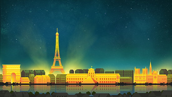 анимирана илюстрация на Айфеловата кула, илюстрация на бежова и синя кула, градски пейзаж, Париж, произведения на изкуството, Айфелова кула, Лувър, Триумфална арка, Нотр-Дам, HD тапет HD wallpaper