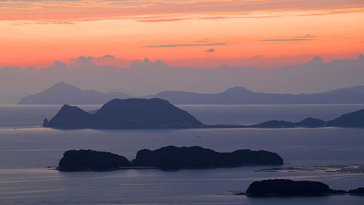 황혼, 섬, 나가사키, 바다, HD 배경 화면