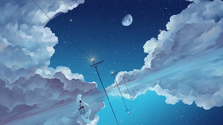 ilustracja chmury i księżyca, anime, dziewczyny anime, niedźwiedzie, chmury, księżyc, Tapety HD