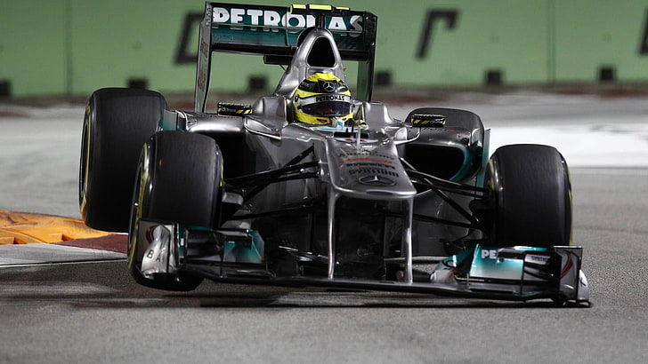 black formula 1 car, Mercedes AMG Petronas, Nico Rosberg, Formula 1, race cars, sport , helmet, vehicle, HD wallpaper