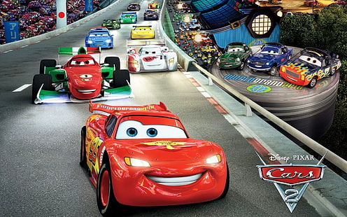 Film Disney Pixar Cars 2, foudre, pixar, piste, voitures de sport, Cars 2, Fond d'écran HD HD wallpaper