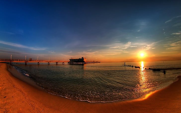 เรือไม้สีน้ำตาลและดำชายหาดพระอาทิตย์ตกทะเลธรรมชาติแสงแดดท้องฟ้า, วอลล์เปเปอร์ HD