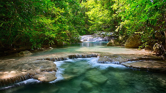 Tajlandia Tropikalna roślinność Zielona rzeka z wodospadami i schodkową tapetą na tapetę pulpitu Hd na pulpit pełnoekranowy 1920 × 1080, Tapety HD HD wallpaper