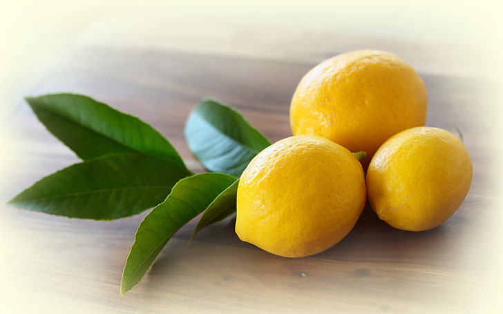 three lemons, lemons, leaves, yellow, citron, HD wallpaper