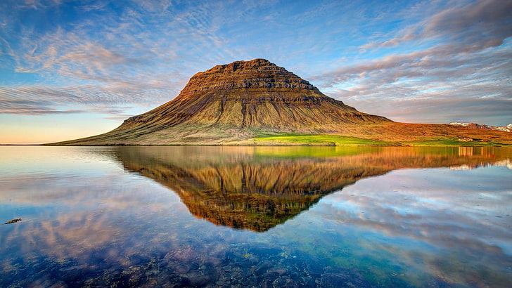 fotografi cermin brown digital wallpaper gunung, lanskap, refleksi, pegunungan, Kirkjufell, Islandia, danau, Wallpaper HD