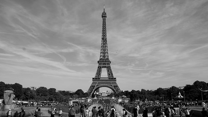 Menara Eiffel, Paris, Prancis, monokrom, Wallpaper HD
