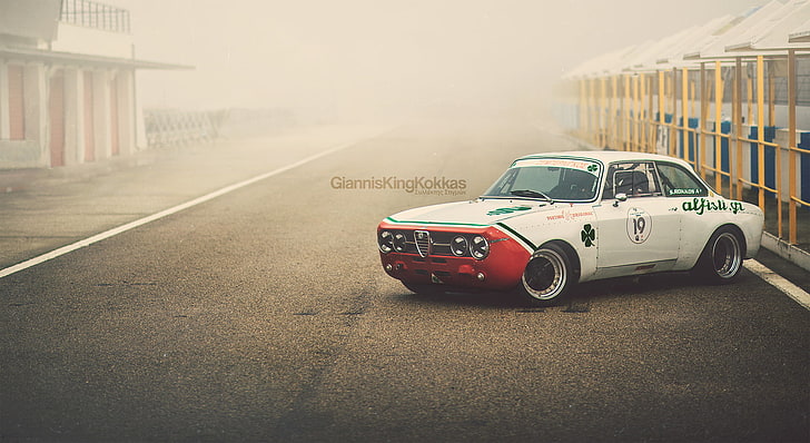 white and red coupe, Alfa Romeo, retro, 1970, oldschool, Giulia, GTAm, By Giannis &quot;KING&quot; Kokkas, 1750, HD wallpaper