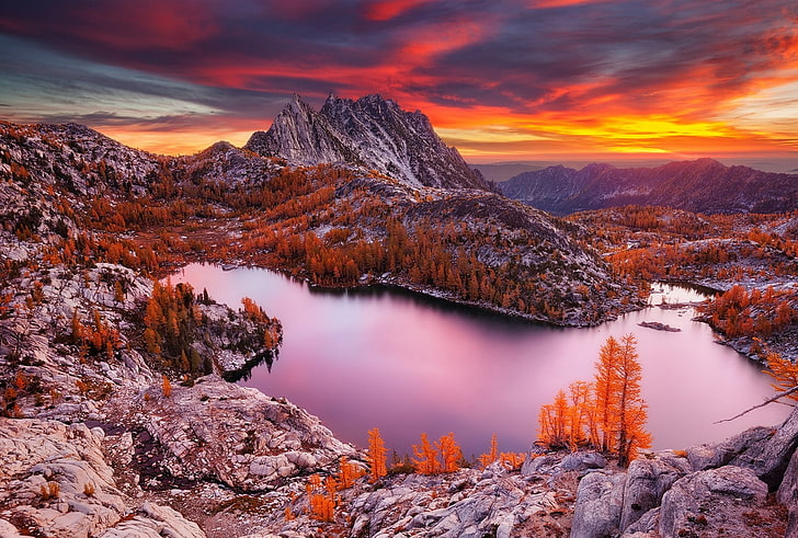 Natur, Landschaft, See, Berge, Sonnenuntergang, Herbst, Wald, Wasser, Himmel, Wolken, HD-Hintergrundbild