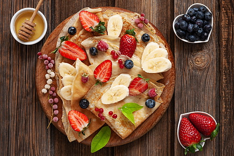 Храна, креп, банан, зрънце, боровинка, закуска, плодове, мед, натюрморт, ягода, HD тапет HD wallpaper