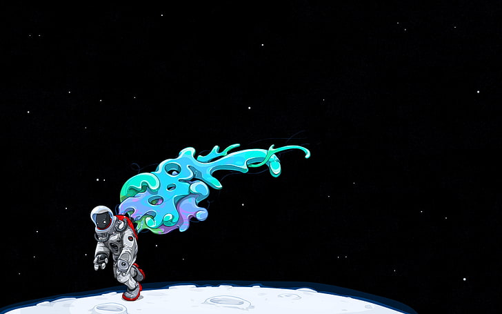 astronaute sur la lune avec illustration d'astéroïdes bleus, minimalisme, espace, Fond d'écran HD