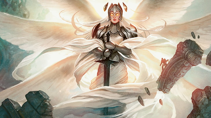 woman with wings holding sword wallpaper, Angel, Magic The Gathering, MTG, HD wallpaper