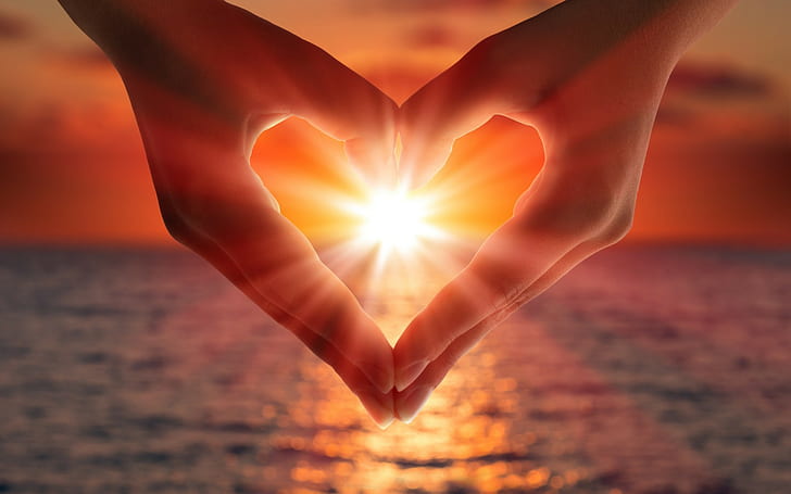 Tangan romantis jantung, tangan manusia, Matahari terbenam, Laut, romantis, tangan, hati, Cinta, cahaya, Wallpaper HD