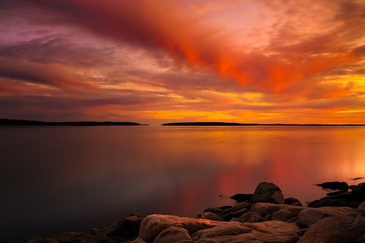 ภูมิทัศน์ธรรมชาติท้องฟ้าสีส้มพระอาทิตย์ตกทะเลสาบตึกระฟ้า, วอลล์เปเปอร์ HD