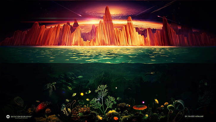 sea, the sky, rocks, turtle, glow, corals, meteorites, underwater world, desktopography, HD wallpaper