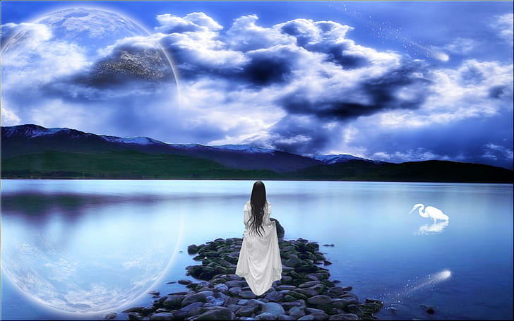 Lakeside Dreams, blue, lake, clouds, fantasy, 3d and abstract, HD wallpaper