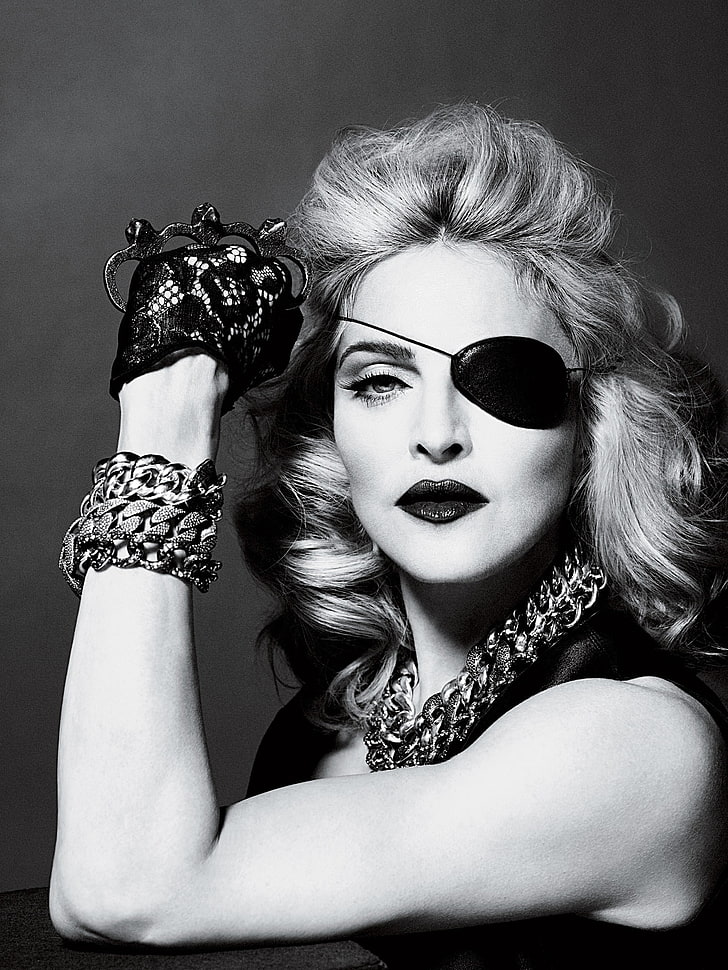 Madonna, Sängerin, Monochrom, Augenklappe, Halskette, Armbänder, Lippenstift, HD-Hintergrundbild, Handy-Hintergrundbild