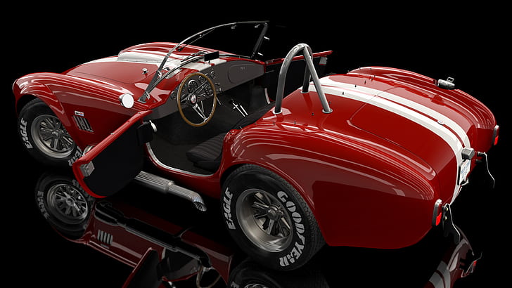 Shelby, Shelby Cobra 427, Shelby Cobra, czarne tło, odbicie, grafika 3D, render, Assetto Corsa, Tapety HD