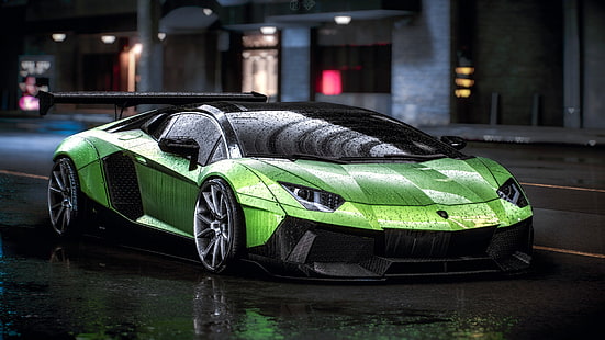 Lamborghini, суперкар, зеленые машины, авто, дождь, HD обои HD wallpaper