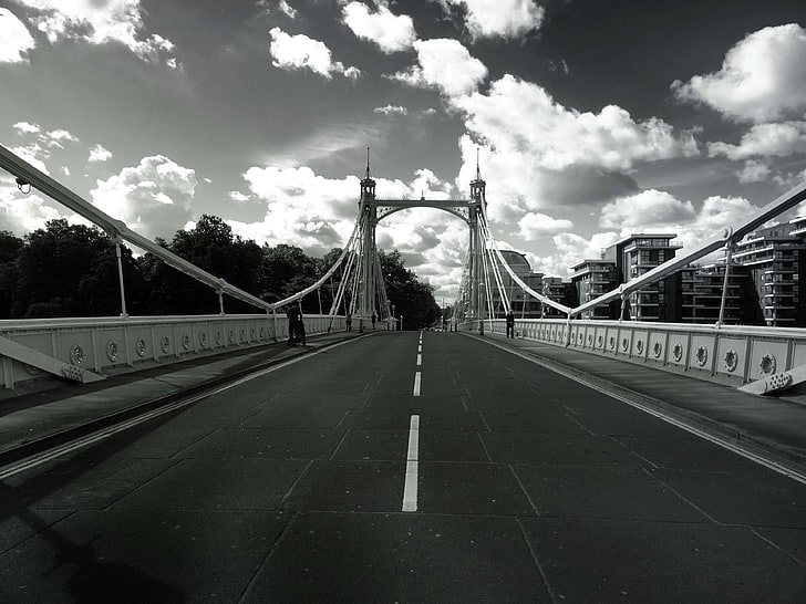 architecture, asphalt, black and white, bridge, buildings, city, clouds, connection, guidance, highway, landscape, modern, outdoors, pavement, road, sky, steel, trees, urban, HD wallpaper