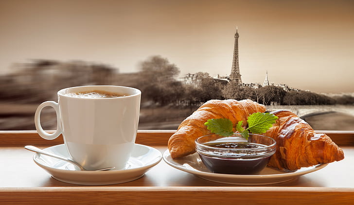 Cokelat, Paris, Prancis, mug keramik putih, Paris, Prancis, kopi, cangkir, cokelat, sarapan, croissant, kue, Wallpaper HD