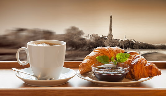 Chocolate, París, Francia, taza de cerámica blanca, París, Francia, café, taza, chocolate, desayuno, croissant, pastelería, Fondo de pantalla HD HD wallpaper
