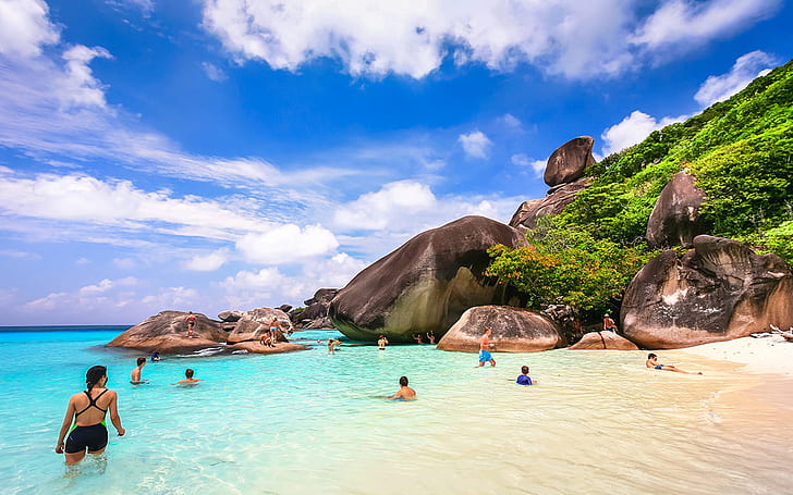 Thailandia Similan Isole tropicali Cielo blu Mare cristallino Spiaggia sabbiosa Costa rocciosa Mare delle Andamane Sfondi desktop gratis HD 1920 × 1200, Sfondo HD